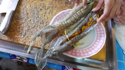 غذای خیابانی در تایلند؛ پخت غذا با میگوی مانتیس در بانکوک