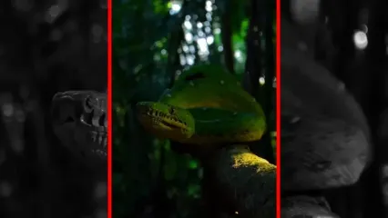 فیلم خزش مار سبز بزرگ روی تنه درخت