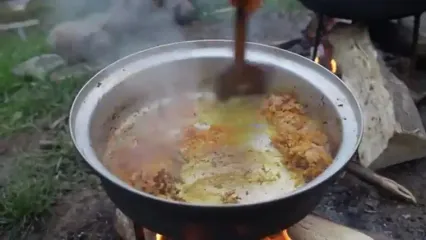 غذای روستایی در ایران؛ پخت باسترما پلو با اردک در طبیعت زیبای روستا