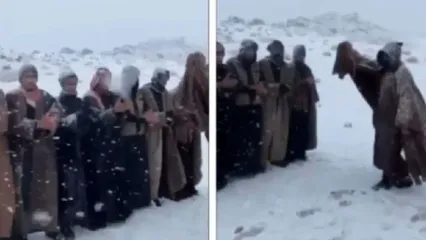 رقص و اسکی با دشداشه عربستانی‌ها در برف