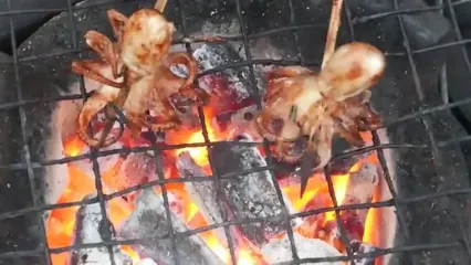 غذای خیابانی در کامبوج؛ کباب هشت پا و ماهی مرکب روی آتش در ساحل شهر سیهانوکویل