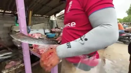 صید کوسه لیمویی کمیاب و برش زدن آن در روستایی در سریلانکا