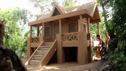 مراحل دیدنی ساخت ویلای دو طبقه استخردار در جنگل های کامبوج