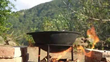 غذای روستایی در ایران؛ تهیه غذا با ماهی قزل آلا و میوه خشک