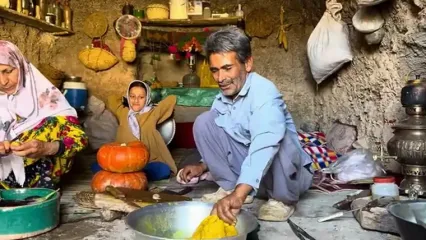 غذای روستایی در ایران؛ پخت مرغ و بادمجان در کدو تنبل و تهیه نان سنتی و پنیر